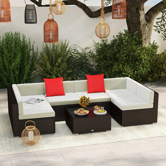 7 Piece Outdoor Patio Sofa Set with Cushions, All Weather PE Rattan, 29.5" Sofa Section, Glass Top Coffee Table for Outdoor Living, Beige