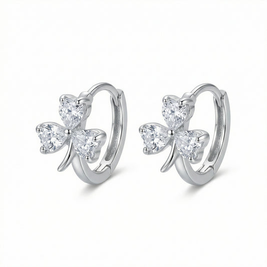 925 Sterling Silver Elegant Heart-Shaped Three-Leaf Clover Silver Hoop Earrings with Sparkling Gemstones