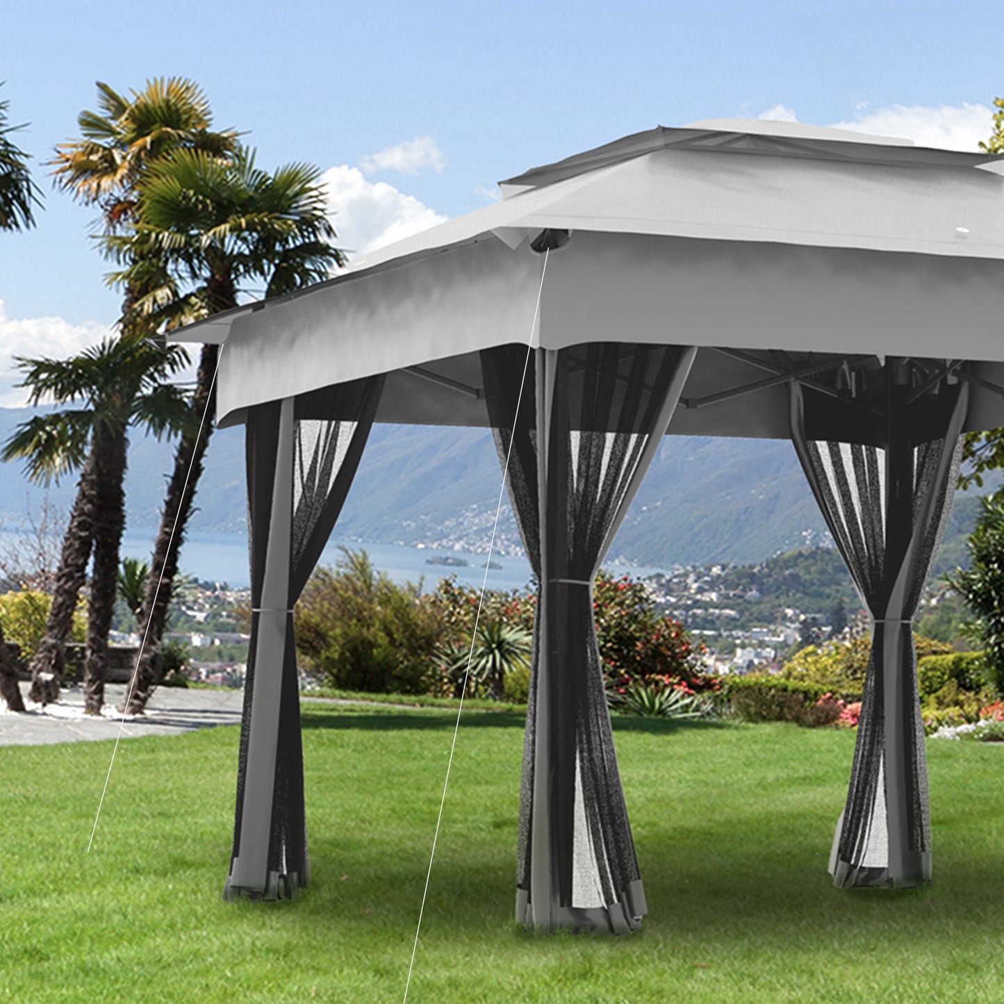 11x11 Canopy Gazebo, Portable Outdoor Patio Shelter with Zipper Mesh Privacy Netting, Carry Bag Included, for Family Use, Light Gray