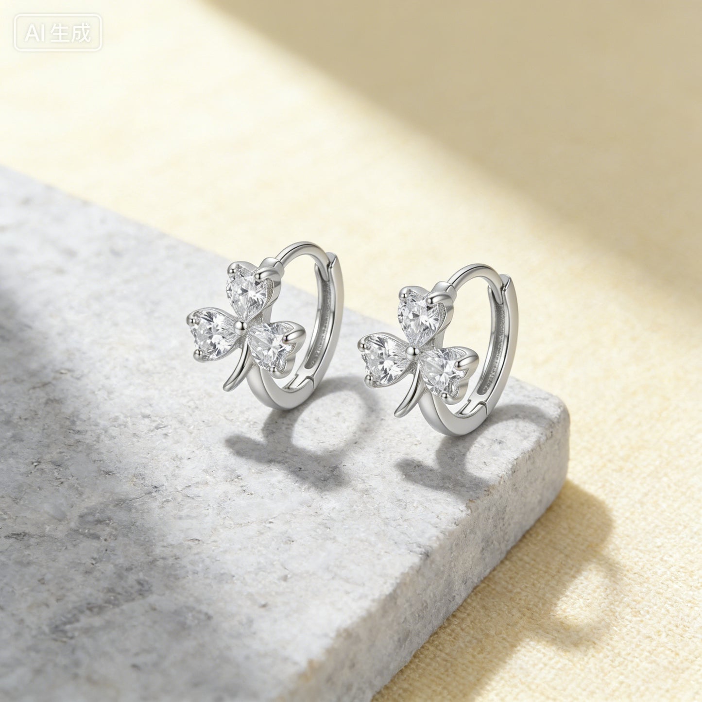 925 Sterling Silver Elegant Heart-Shaped Three-Leaf Clover Silver Hoop Earrings with Sparkling Gemstones