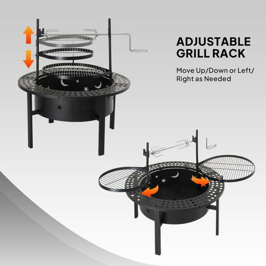33 Inch Outdoor Fire Pit With 2 Cooking Grills, Wood Burning Firepit With Removable Swivel Grill, For Deck Bonfire Patio Picnic, Black
