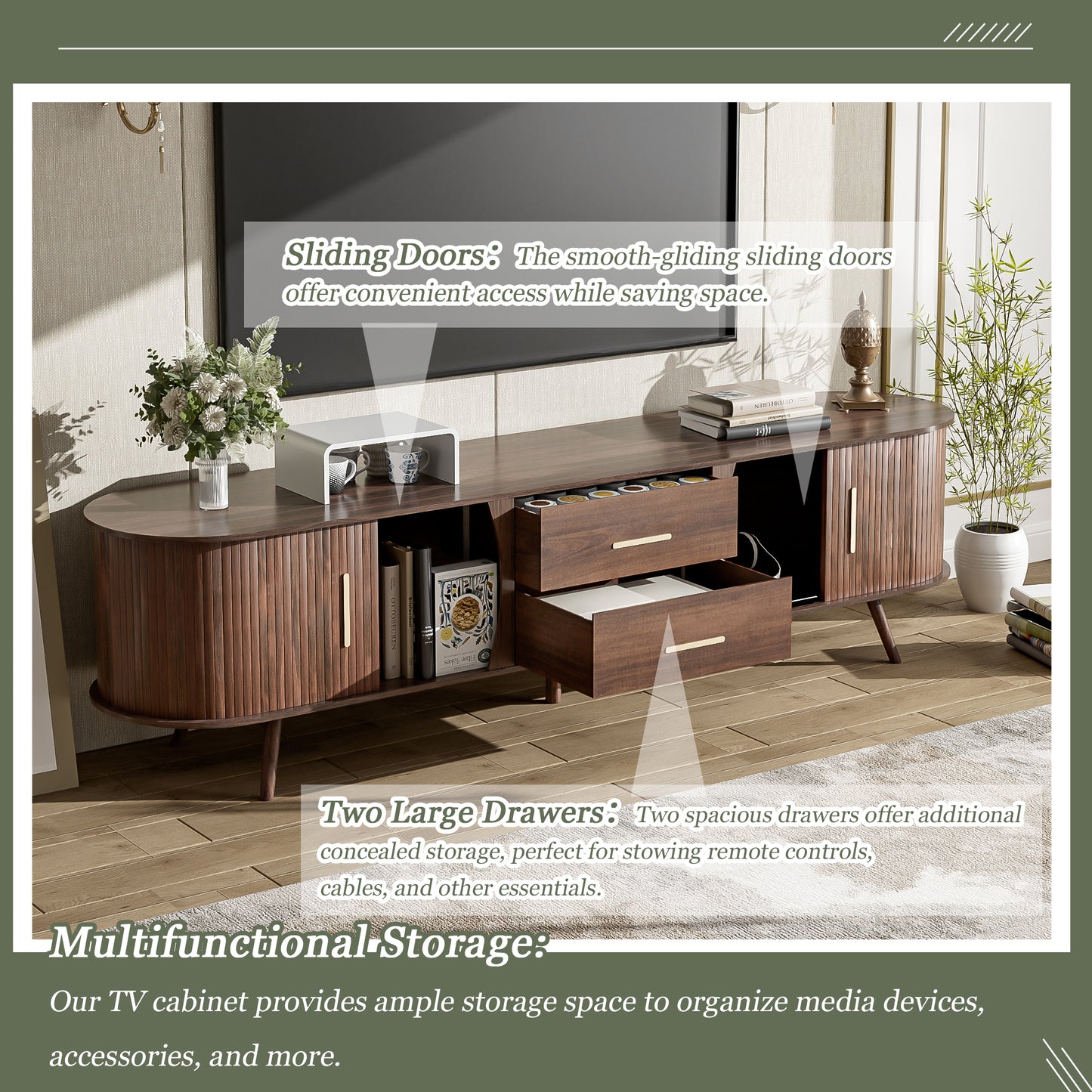Mid-Century Modern TV Stand For 80 TV, Entertainment Center With Storage For Living Room, Bedroom, Media Console Table With 2 Drawers