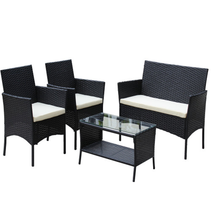 4 PC Rattan Patio Furniture Set Outdoor Patio Cushioned Seat Wicker Sofa Beige Cushion