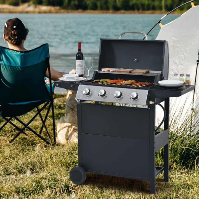 Propane Gas Grill 4 Burner Barbecue Grill, Stainless Steel 34,000 BTU Patio Garden Barbecue Grill With Two Shelves, Lid, Wheels And Bottle Opener