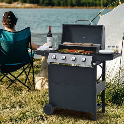 Propane Gas Grill 4 Burner Barbecue Grill, Stainless Steel 34,000 BTU Patio Garden Barbecue Grill With Two Shelves, Lid, Wheels And Bottle Opener