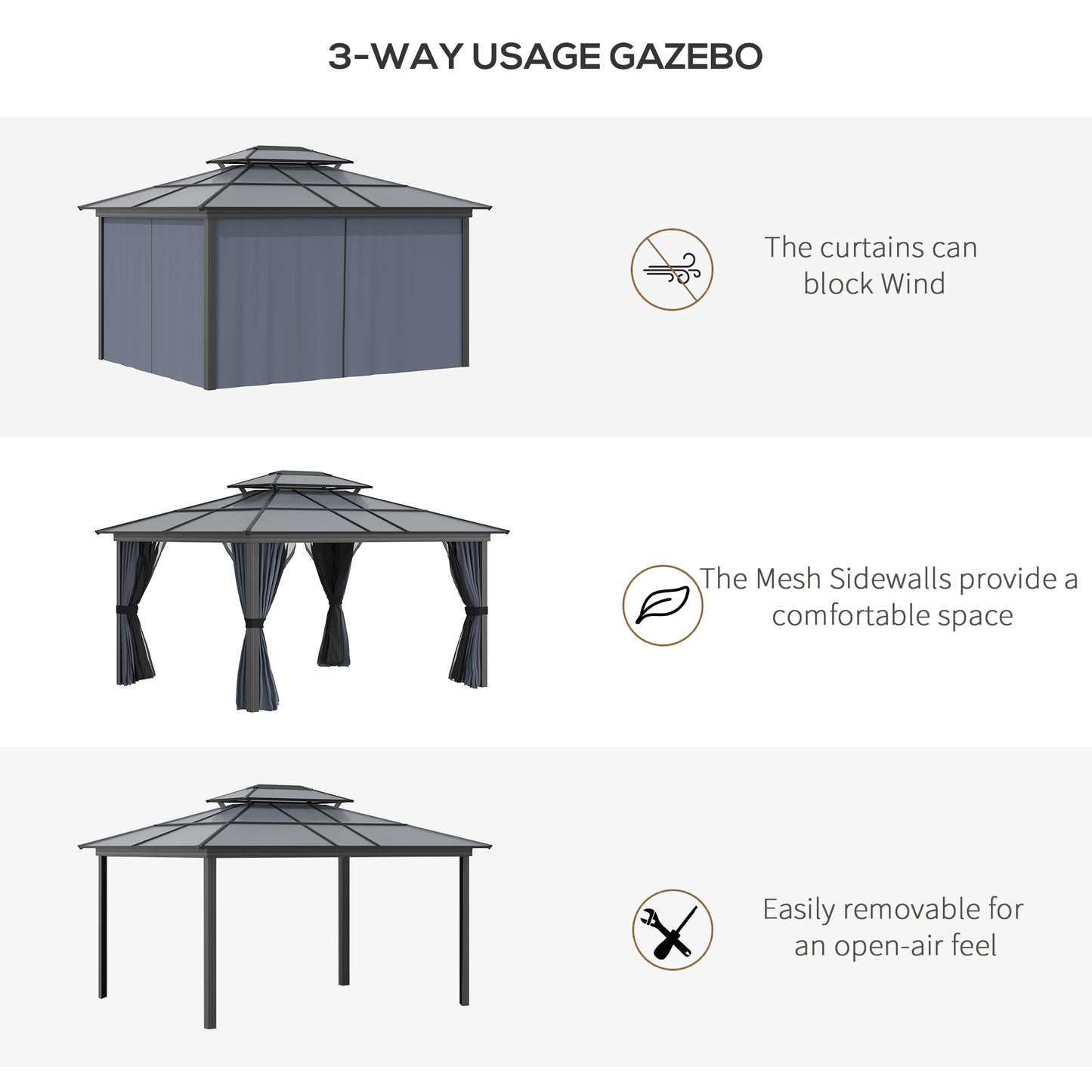 10' x 12' Hardtop Gazebo Canopy with Polycarbonate Roof, Aluminum Frame, Permanent Pavilion Outdoor Gazebo with Netting, for Patio, Garden, Backyard, Deck, Lawn, Black