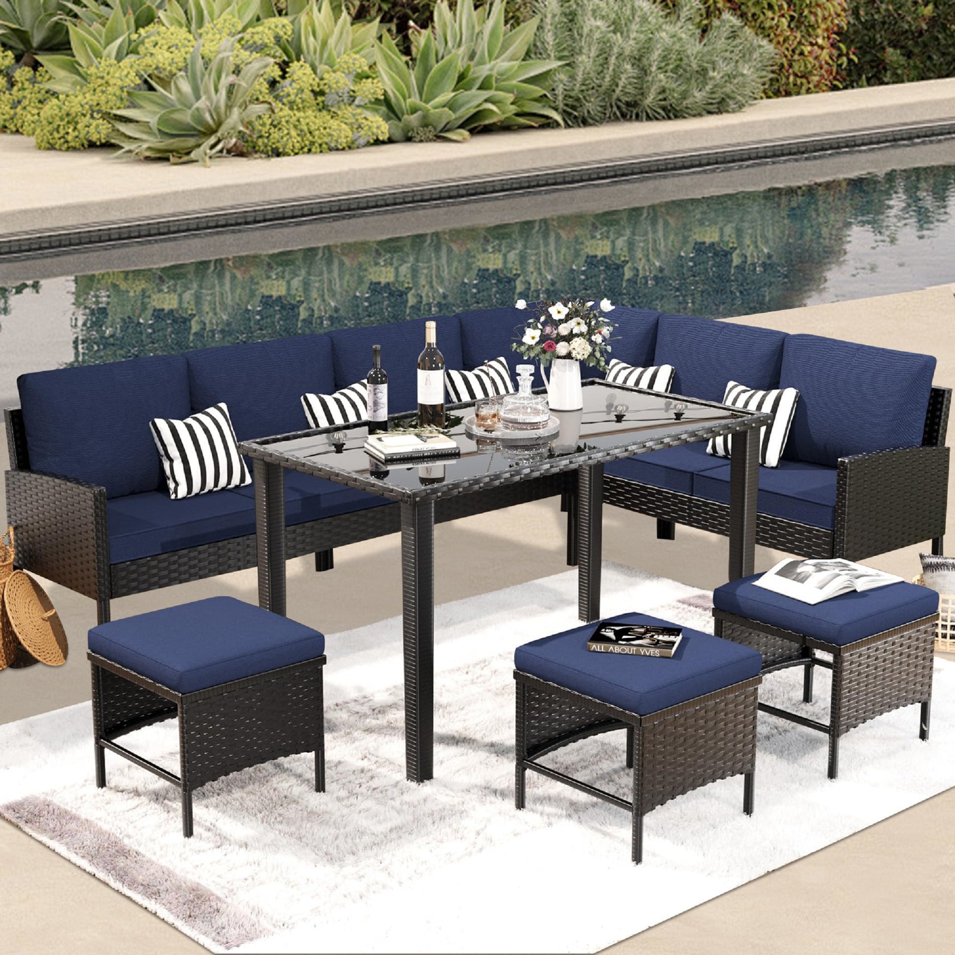 Small Space Patio Furniture 7-piece Outdoor Furniture Set, Backyard Furniture Set, Waterproof Seat Cushion, Glass Table, Space Saving, Suitable For Backyard, Terrace Or Garden,Dark Blue