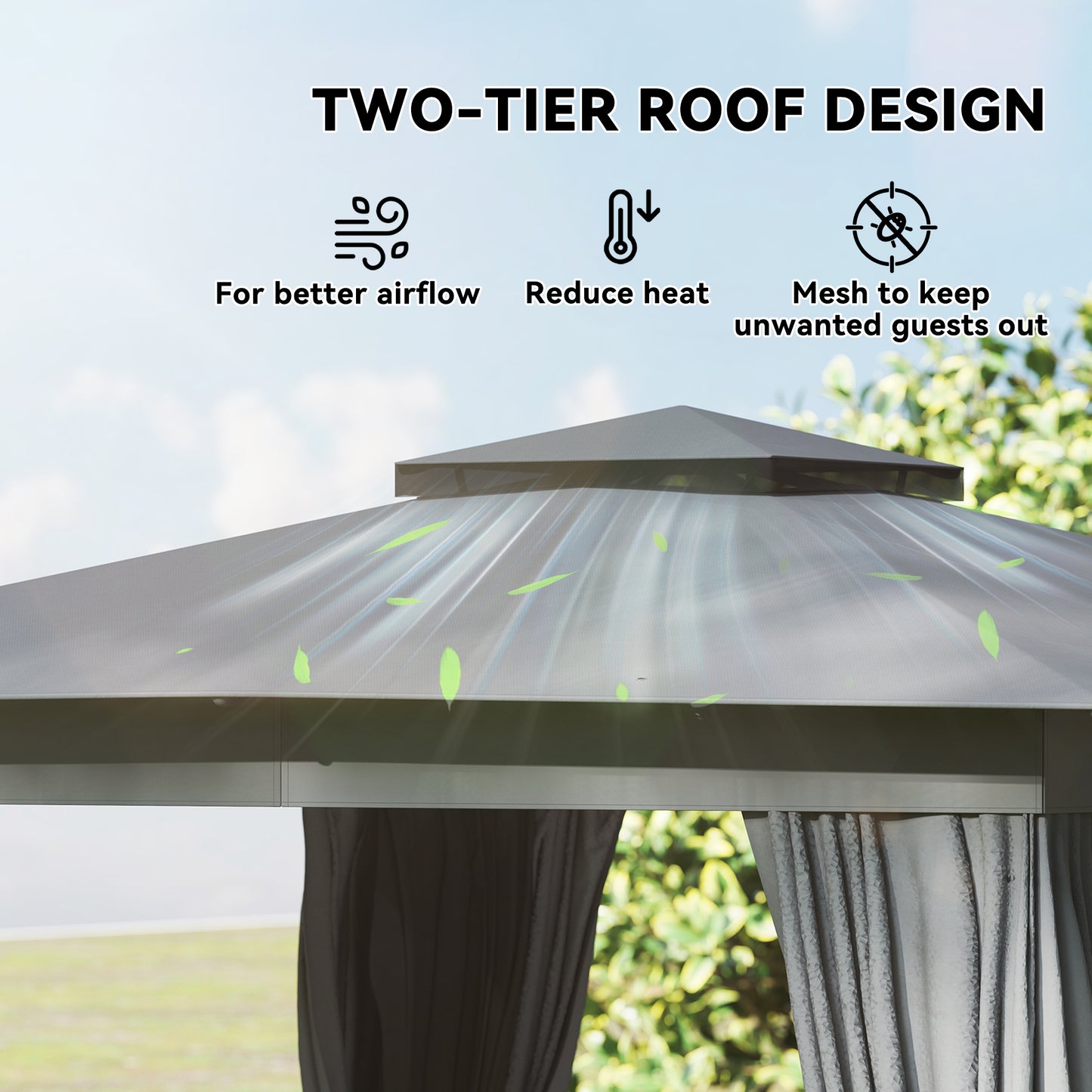 10' x 12' Outdoor Patio Gazebo, Soft Top Gazebo Canopy Shelter with Curtains, Netting, Steel Frame, Hooks, Dark Gray