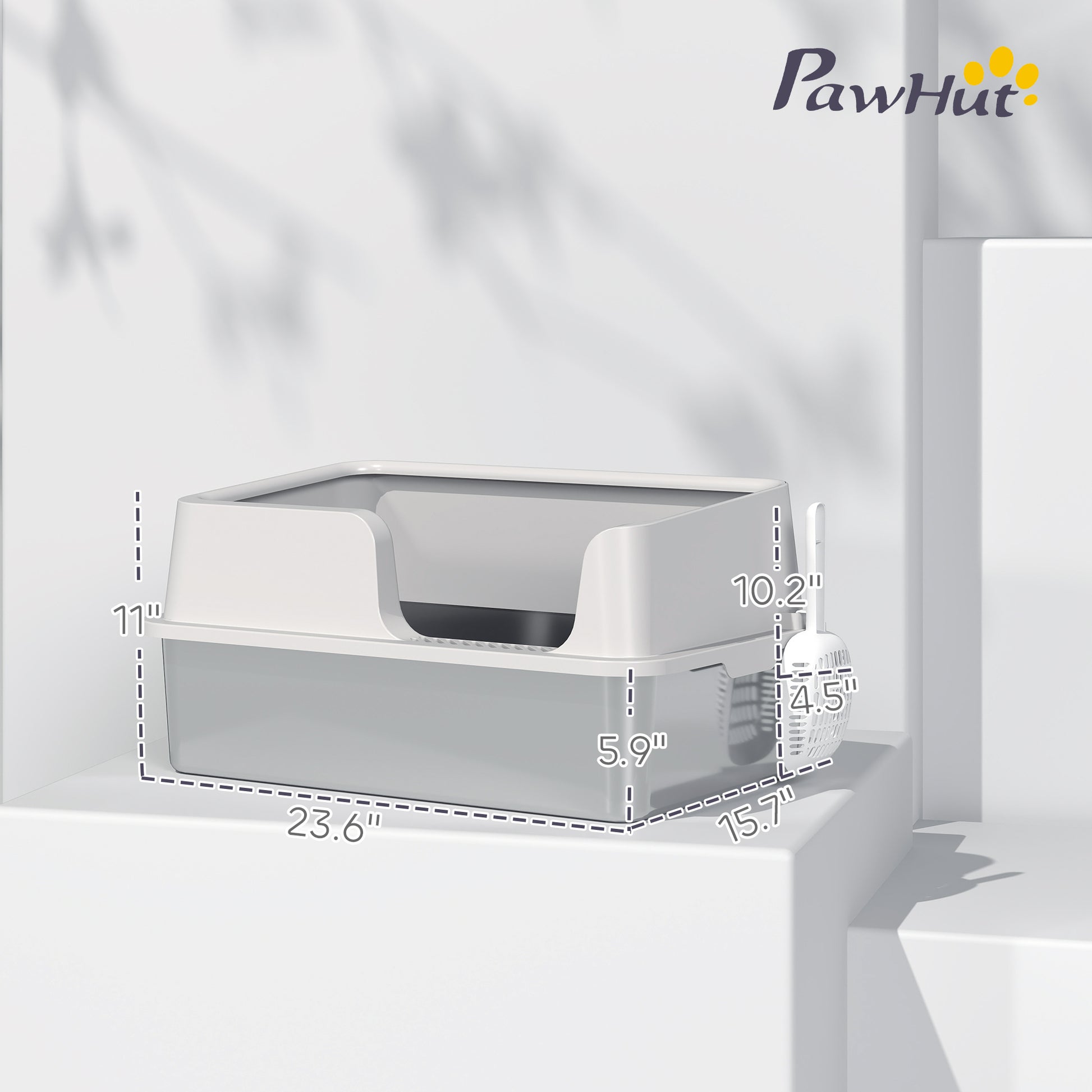 Stainless Steel Litter Box with High Side, Scoop, Easy Cleaning & Anti-Urine Leakage, for Big Cats, Light Gray