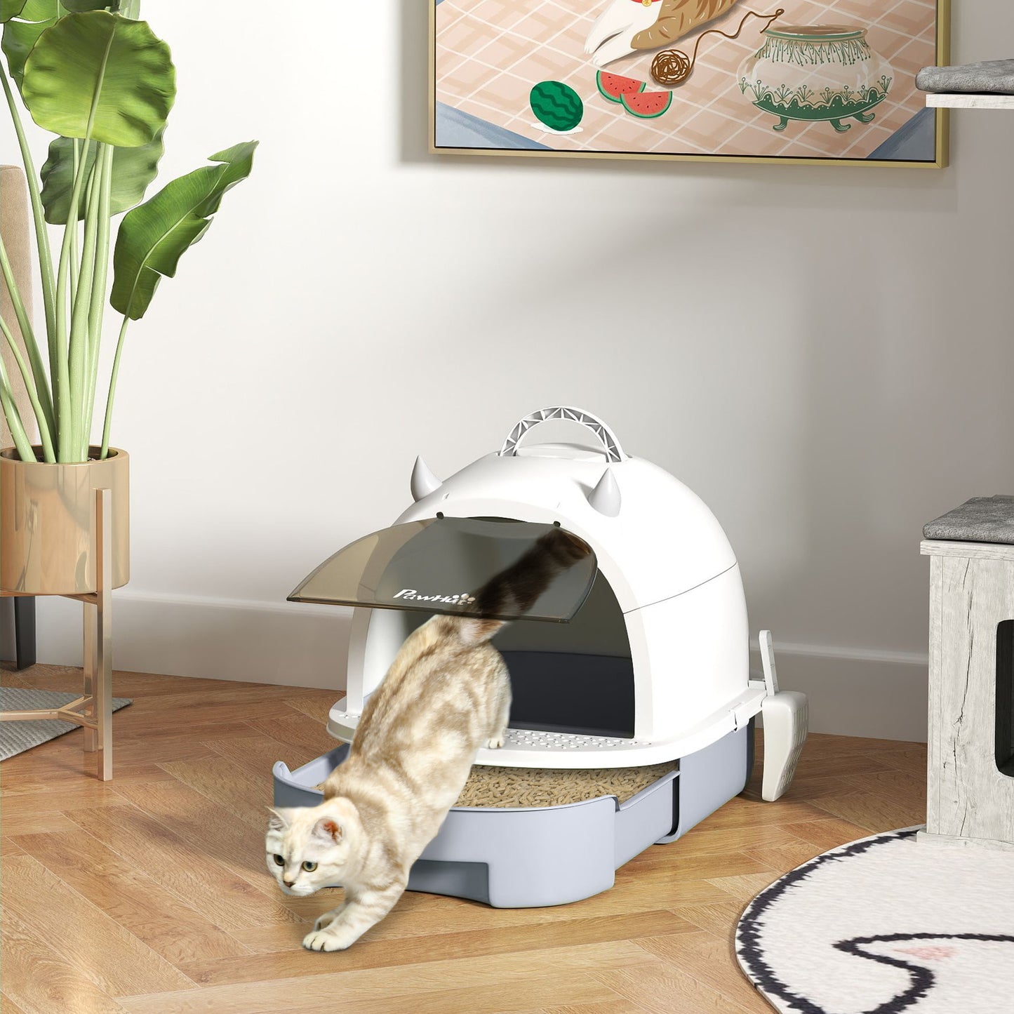 Covered Cat Litter Box with Lid, Scoop, Deodorizing Bags for Odor Control, Privacy, Easy to Clean, Gray