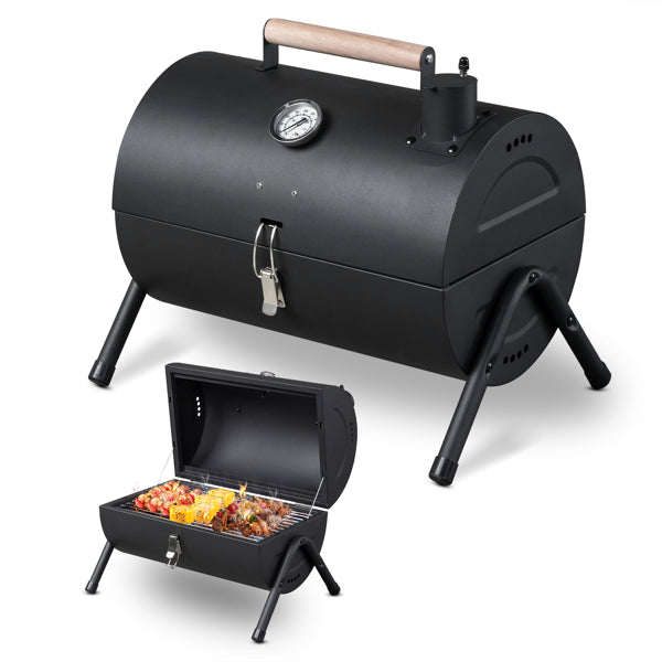 Portable Charcoal Grill With Thermometer & Wooden Handle, Compact Tabletop Barbecue Grill For Outdoor Camping BBQ Grilling  Party Cooking