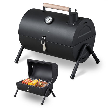 Portable Charcoal Grill With Thermometer & Wooden Handle, Compact Tabletop Barbecue Grill For Outdoor Camping BBQ Grilling  Party Cooking
