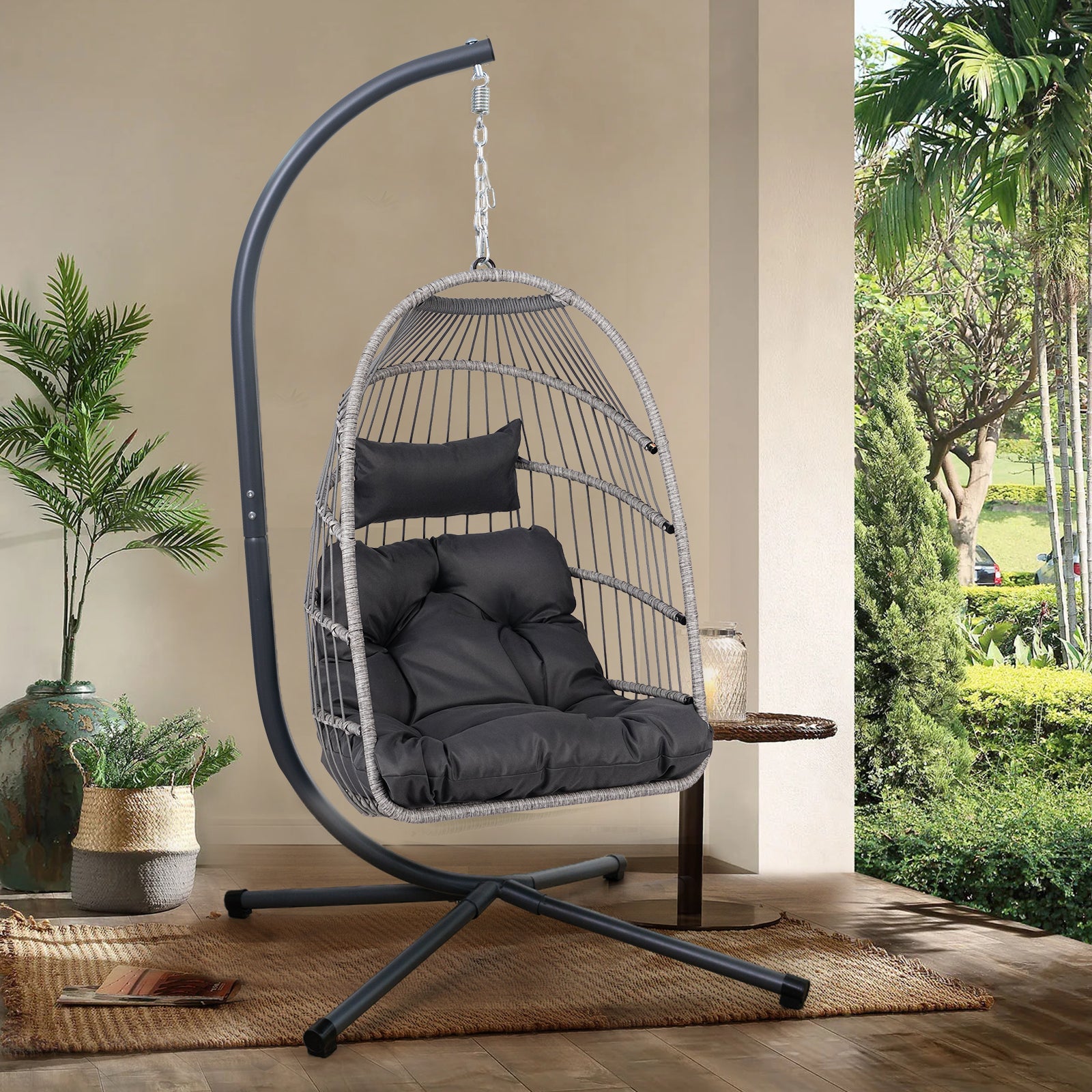 Outdoor Egg Hanging Chair With Stand  Patio Wicker Swing Egg Chair Indoor Swinging Chair Outdoor Hammock Egg Chair