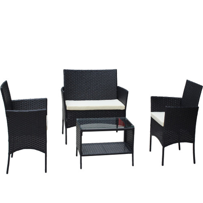 4 PC Rattan Patio Furniture Set Outdoor Patio Cushioned Seat Wicker Sofa Beige Cushion