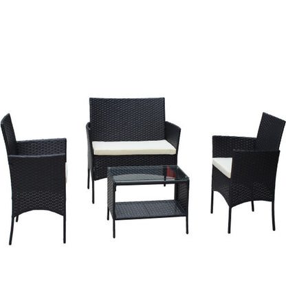 4 PC Rattan Patio Furniture Set Outdoor Patio Cushioned Seat Wicker Sofa Beige Cushion