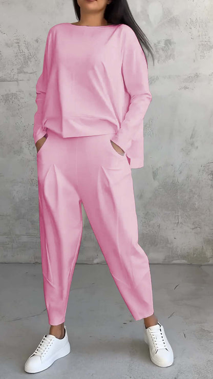 Women's Irregular Suit Long-sleeved Round Neck Top And Loose Harem Pants With Pockets Ins Fashion Trousers Set Women's Clothing