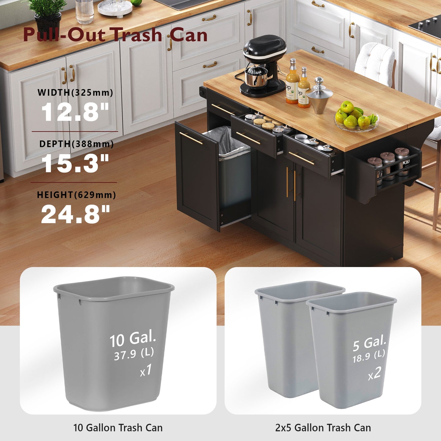 K&K 59.3  Kitchen Island With Storage 2 Pull Out Cabinet Organizers & Rubber Wood Drop Leaf, Rolling Kitchen Island With Trash Can Storage, Power Outlet, Spice & Towel Rack For Kitchen, Dining, Black