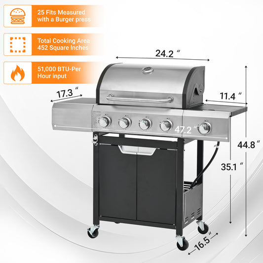 Propane Grill 4 Burner Barbecue Grill Stainless Steel Gas Grill With Side Burner For Outdoor BBQ, Camping