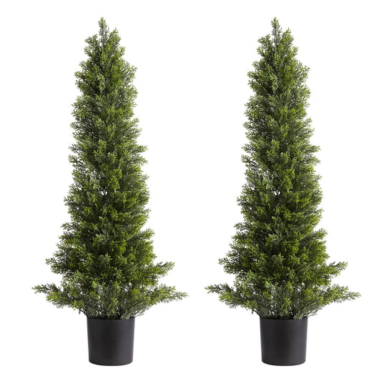Artificial Topiary Cedar Trees, 36 Inch 2 Set Faux Pine Shrubs Plants, Fake Silk Tree Look Real, Easy Assembly For Decor Front Porch Outdoor Patio Garden Balcony Backyard Indoor Office