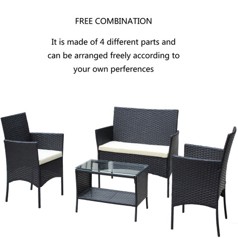 4 PC Rattan Patio Furniture Set Outdoor Patio Cushioned Seat Wicker Sofa Beige Cushion