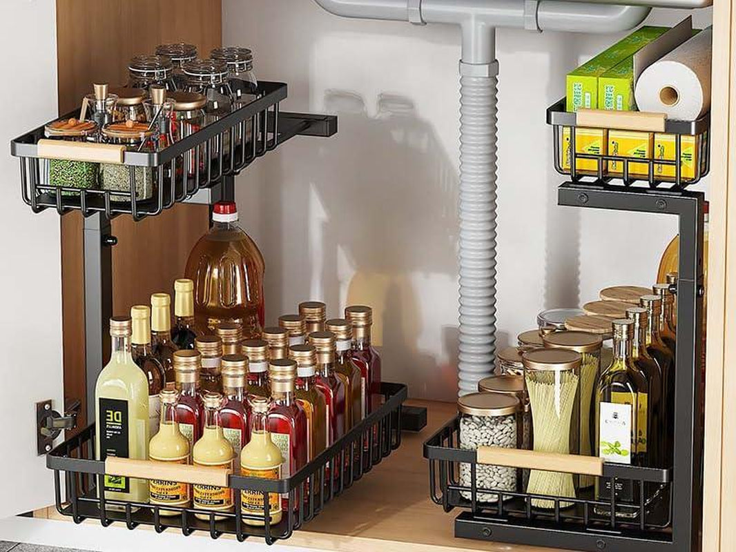 Metal Adjustable Height Two-Tier Drawer Kitchen Bathroom Under Sink Storage Rack