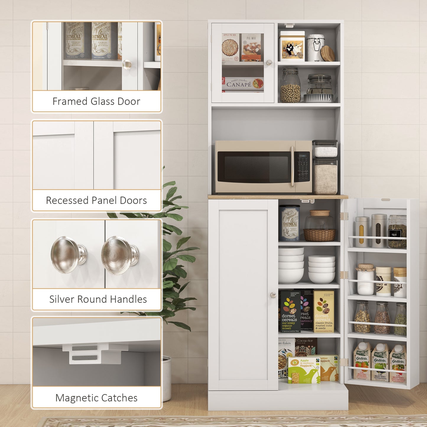66.5" Tall Kitchen Pantry Cabinet, Kitchen Hutch, Microwave Cabinet with Adjustable Shelves for Dining Room, White