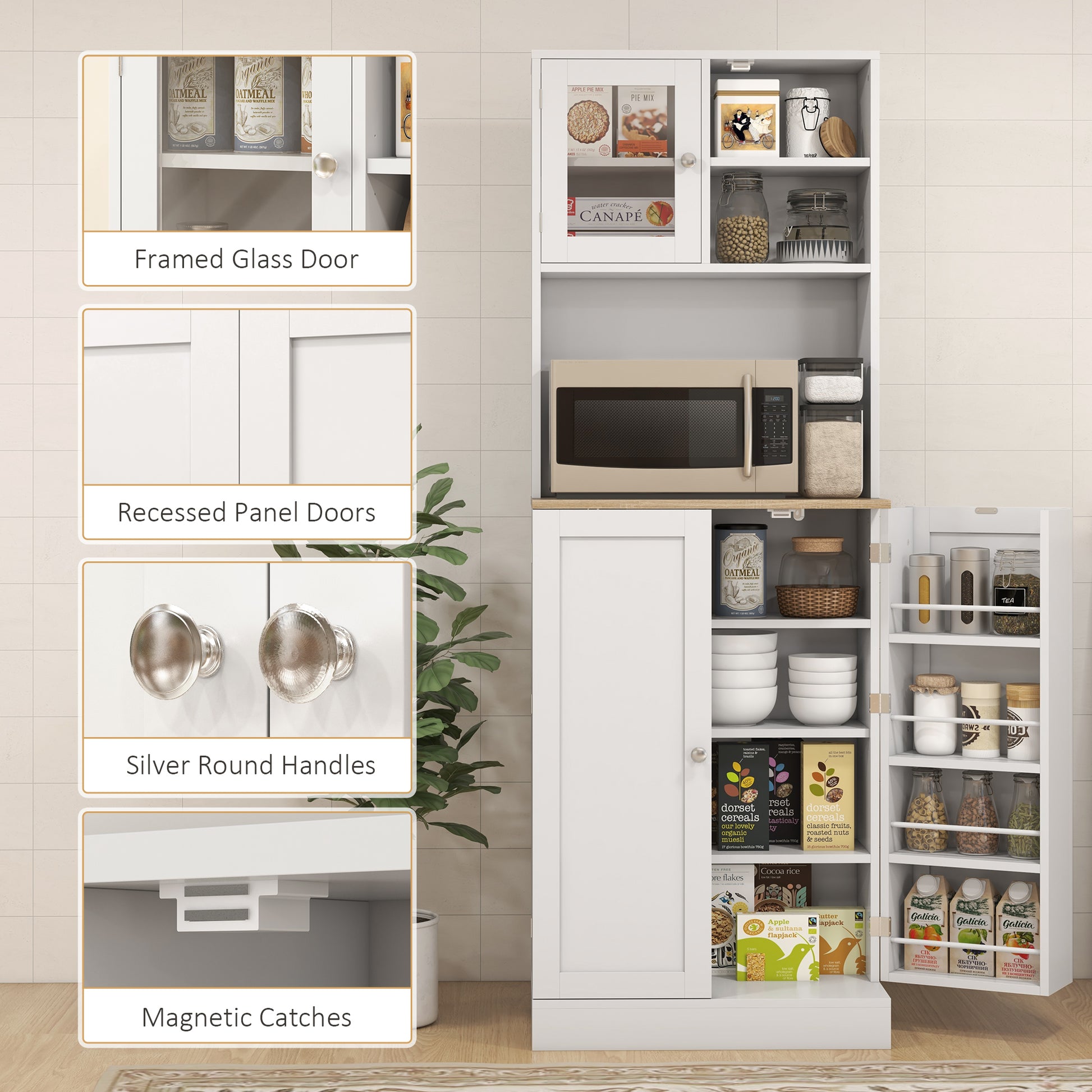 66.5" Tall Kitchen Pantry Cabinet, Kitchen Hutch, Microwave Cabinet with Adjustable Shelves for Dining Room, White