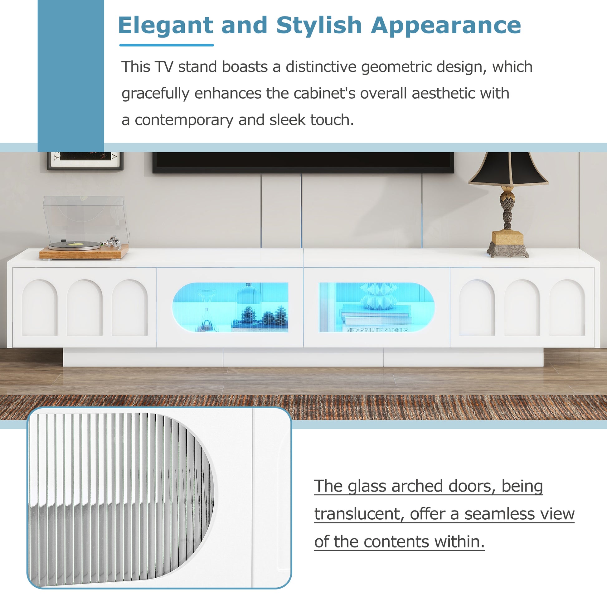 ON-TREND TV Stand With Fluted Tempered Glass Doors For TVs Up To 95'', Functional Media Console With Arched Cabinet Doors, Entertainment Center With APP-Controlled LED Light For Living Room, White