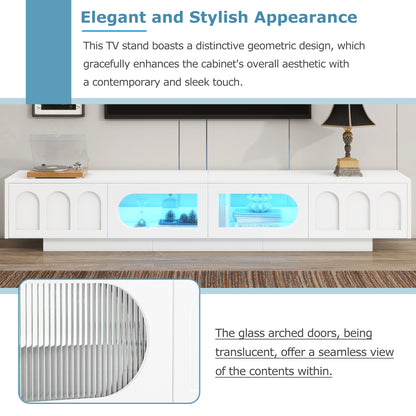 ON-TREND TV Stand With Fluted Tempered Glass Doors For TVs Up To 95'', Functional Media Console With Arched Cabinet Doors, Entertainment Center With APP-Controlled LED Light For Living Room, White