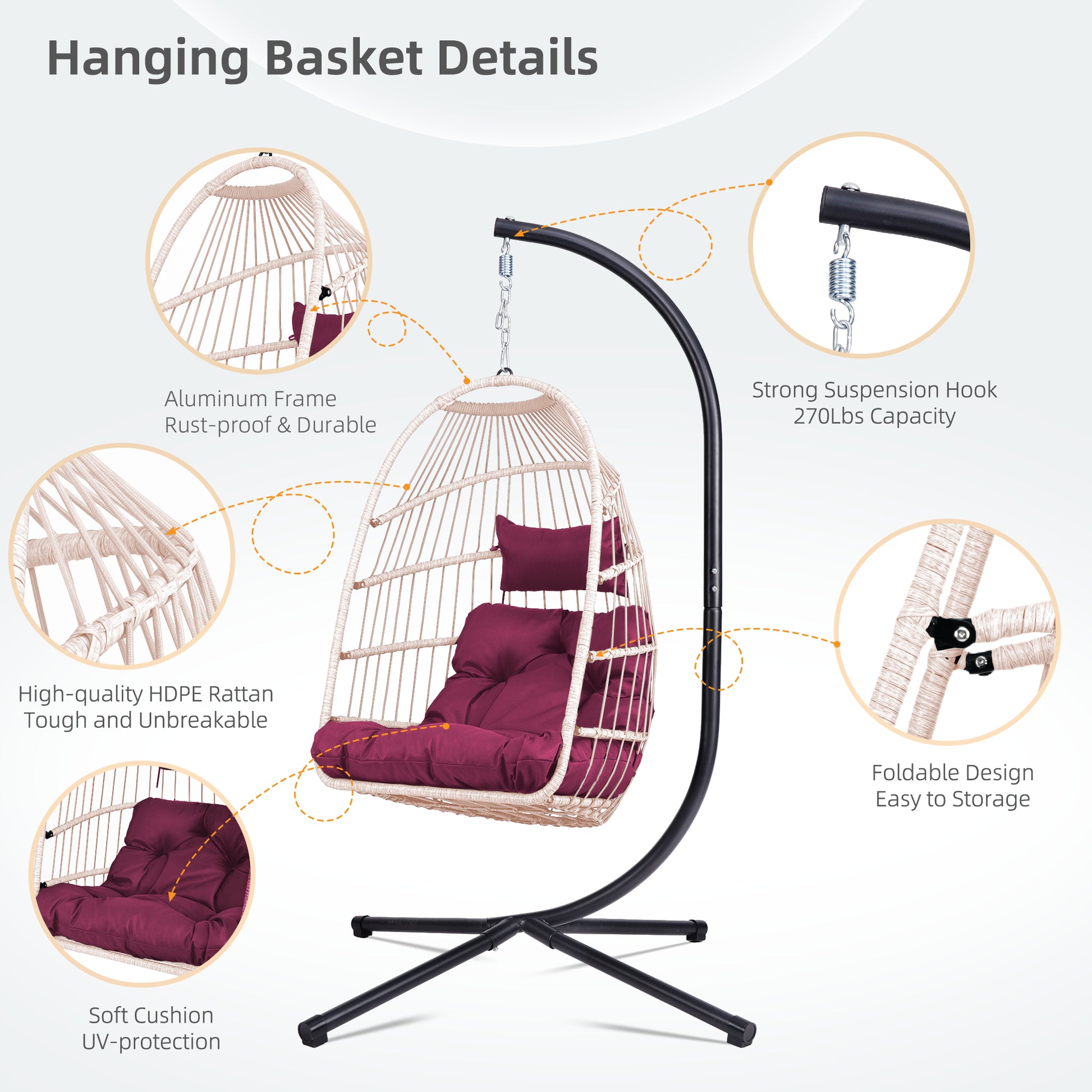 Outdoor Egg Hanging Chair With Stand  Patio Wicker Swing Egg Chair Indoor Swinging Chair Outdoor Hammock Egg Chair. Rose Red