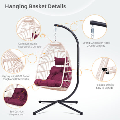 Outdoor Egg Hanging Chair With Stand  Patio Wicker Swing Egg Chair Indoor Swinging Chair Outdoor Hammock Egg Chair. Rose Red