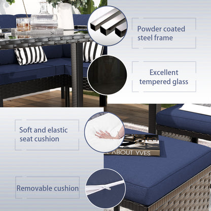 Small Space Patio Furniture 7-piece Outdoor Furniture Set, Backyard Furniture Set, Waterproof Seat Cushion, Glass Table, Space Saving, Suitable For Backyard, Terrace Or Garden,Dark Blue