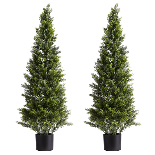Artificial Topiary Cedar Trees, 48 Inch 2 Set Faux Pine Shrubs Plants, Fake Silk Tree Look Real, Easy Assembly For Decor Front Porch Outdoor Patio Garden Balcony Backyard Indoor Office