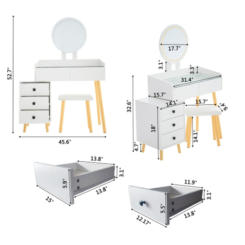 Dressing Table With LED Lights Glass Top Dressing Table With Extendable Side Table 5 Drawers Dressing Table With Mirror And Stool For Bedroom
