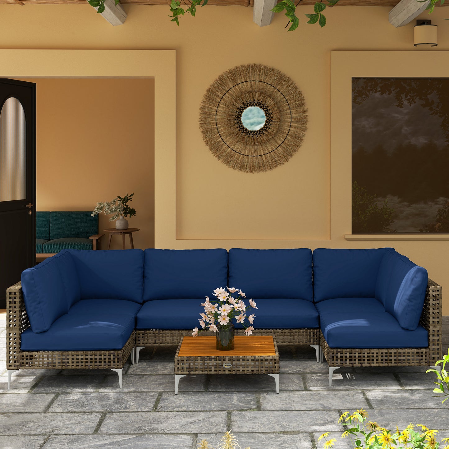 7 Piece Wicker Patio Furniture Set, Modular Outdoor Sectional with Thickened Cushions, Acacia Wood Table, Brown/Blue