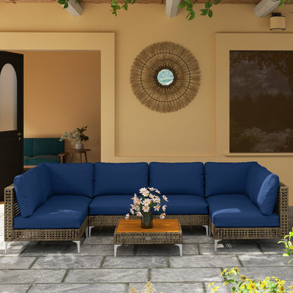 7 Piece Wicker Patio Furniture Set, Modular Outdoor Sectional with Thickened Cushions, Acacia Wood Table, Brown/Blue