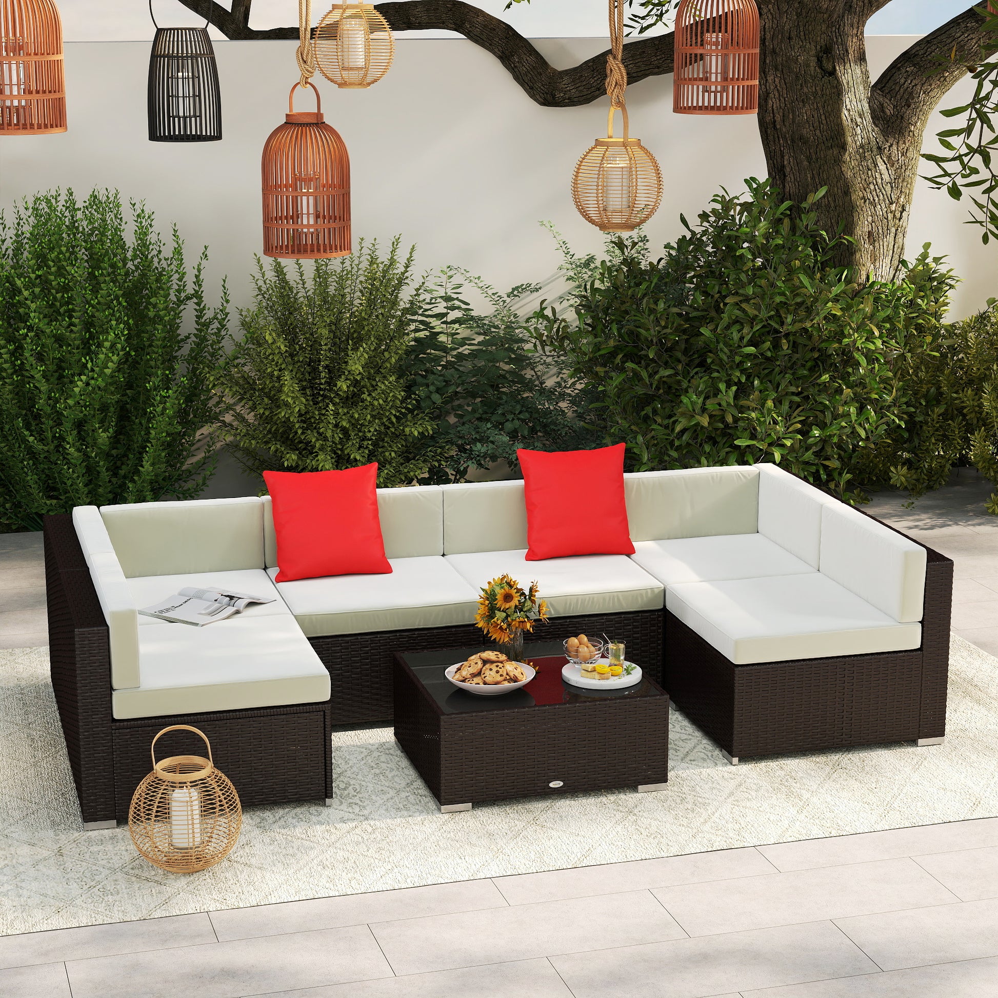 7 Piece Outdoor Patio Sofa Set with Cushions, All Weather PE Rattan, 29.5" Sofa Section, Glass Top Coffee Table for Outdoor Living, Beige