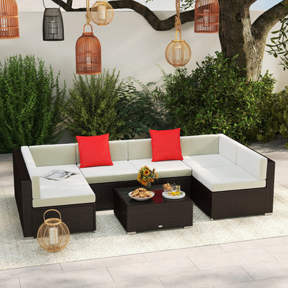 7 Piece Outdoor Patio Sofa Set with Cushions, All Weather PE Rattan, 29.5" Sofa Section, Glass Top Coffee Table for Outdoor Living, Beige