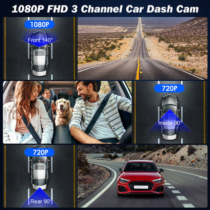 1Pc WiFi FHD 1080P Car Dash Cam 3 Channels Front Rear Inside Dash Camera With Loop Recording Reversing Image Night Vision 170 Degree Wide Angle Support 64G MMC Card Included