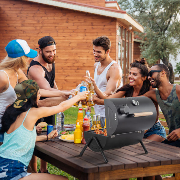 Portable Charcoal Grill With Thermometer & Wooden Handle, Compact Tabletop Barbecue Grill For Outdoor Camping BBQ Grilling  Party Cooking