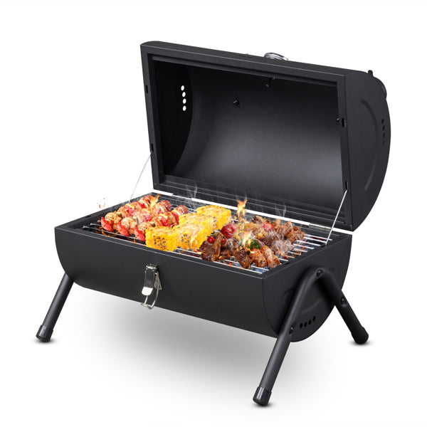 Portable Charcoal Grill With Thermometer & Wooden Handle, Compact Tabletop Barbecue Grill For Outdoor Camping BBQ Grilling  Party Cooking