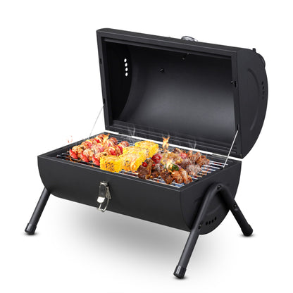 Portable Charcoal Grill With Thermometer & Wooden Handle, Compact Tabletop Barbecue Grill For Outdoor Camping BBQ Grilling  Party Cooking