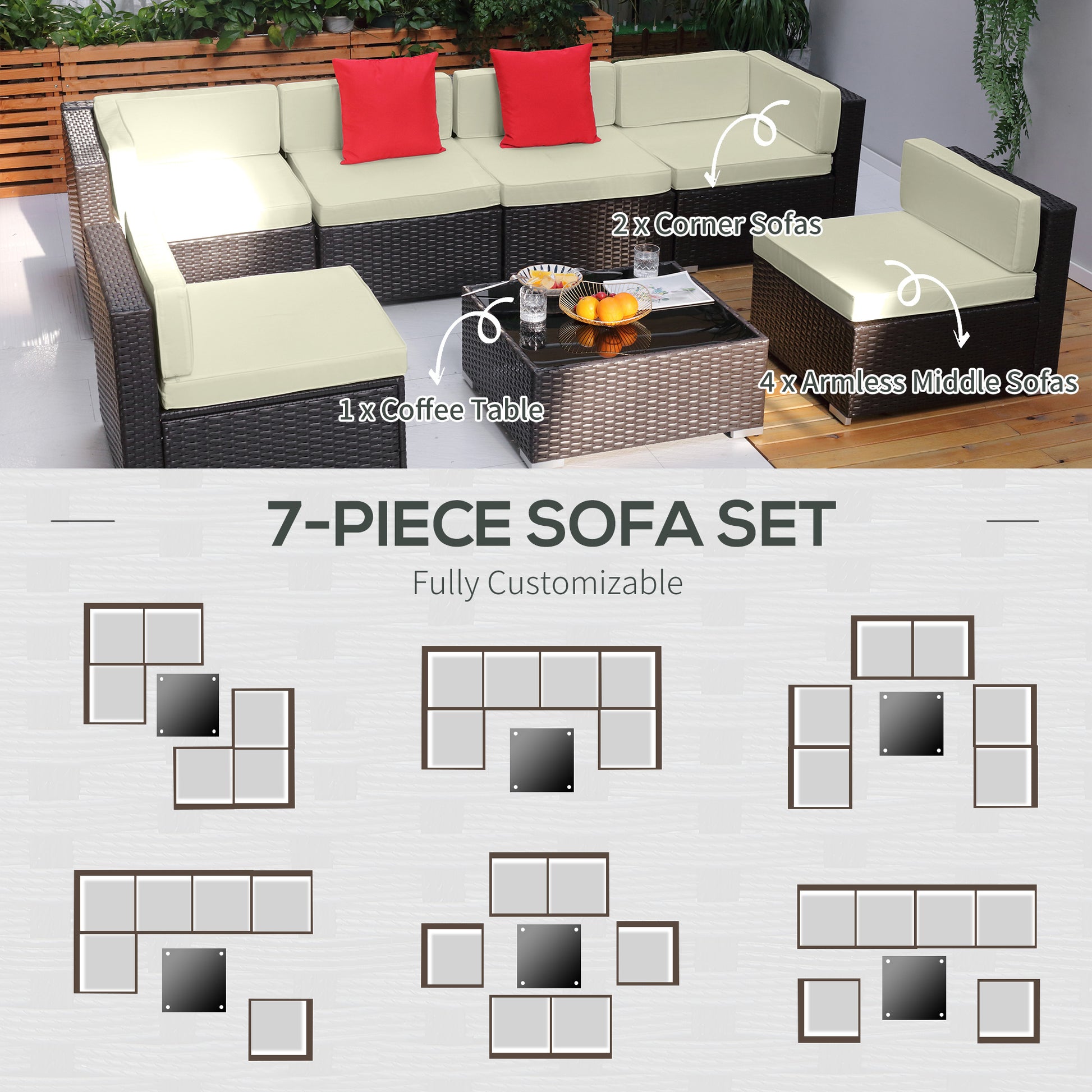 7 Piece Outdoor Patio Sofa Set with Cushions, All Weather PE Rattan, 29.5" Sofa Section, Glass Top Coffee Table for Outdoor Living, Beige
