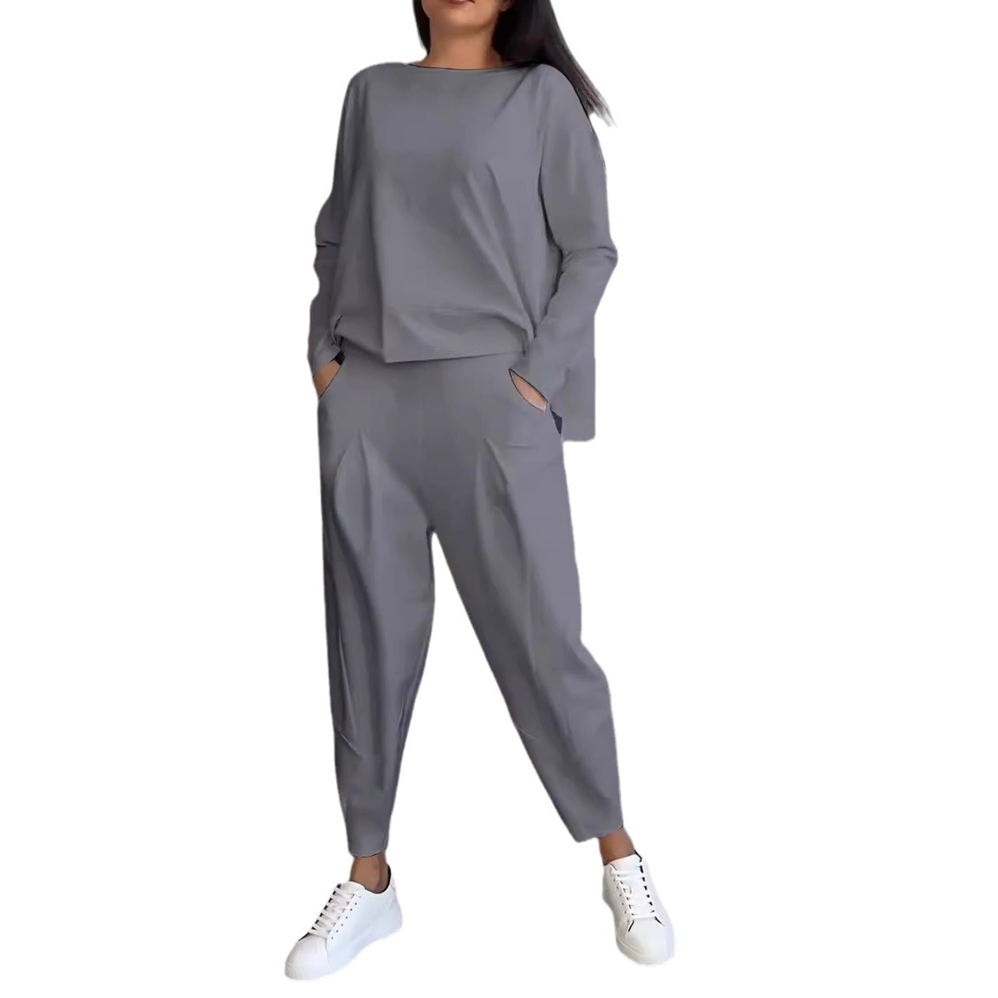 Women's Irregular Suit Long-sleeved Round Neck Top And Loose Harem Pants With Pockets Ins Fashion Trousers Set Women's Clothing