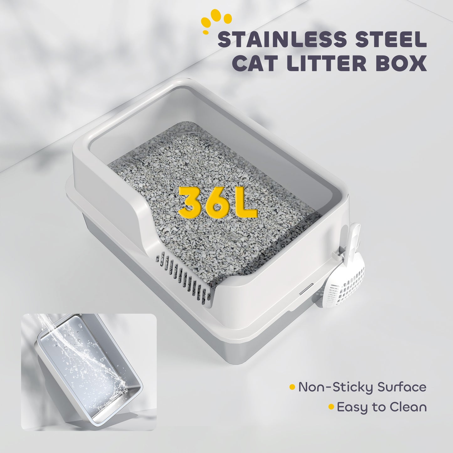 Stainless Steel Litter Box with High Side, Scoop, Easy Cleaning & Anti-Urine Leakage, for Big Cats, Light Gray