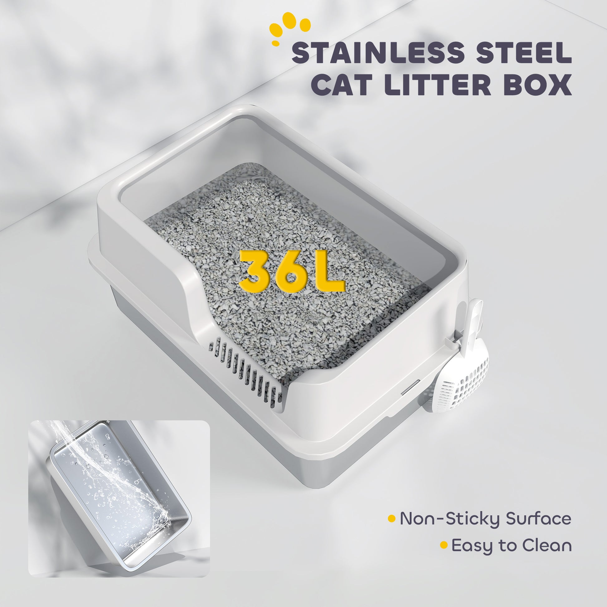 Stainless Steel Litter Box with High Side, Scoop, Easy Cleaning & Anti-Urine Leakage, for Big Cats, Light Gray