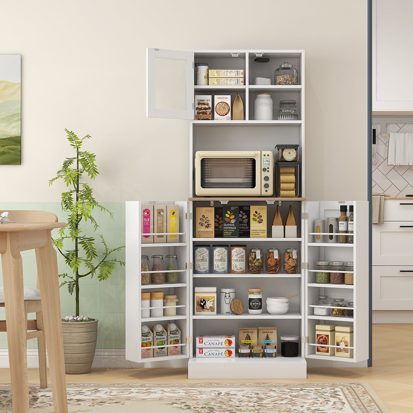 66.5" Tall Kitchen Pantry Cabinet, Kitchen Hutch, Microwave Cabinet with Adjustable Shelves for Dining Room, White