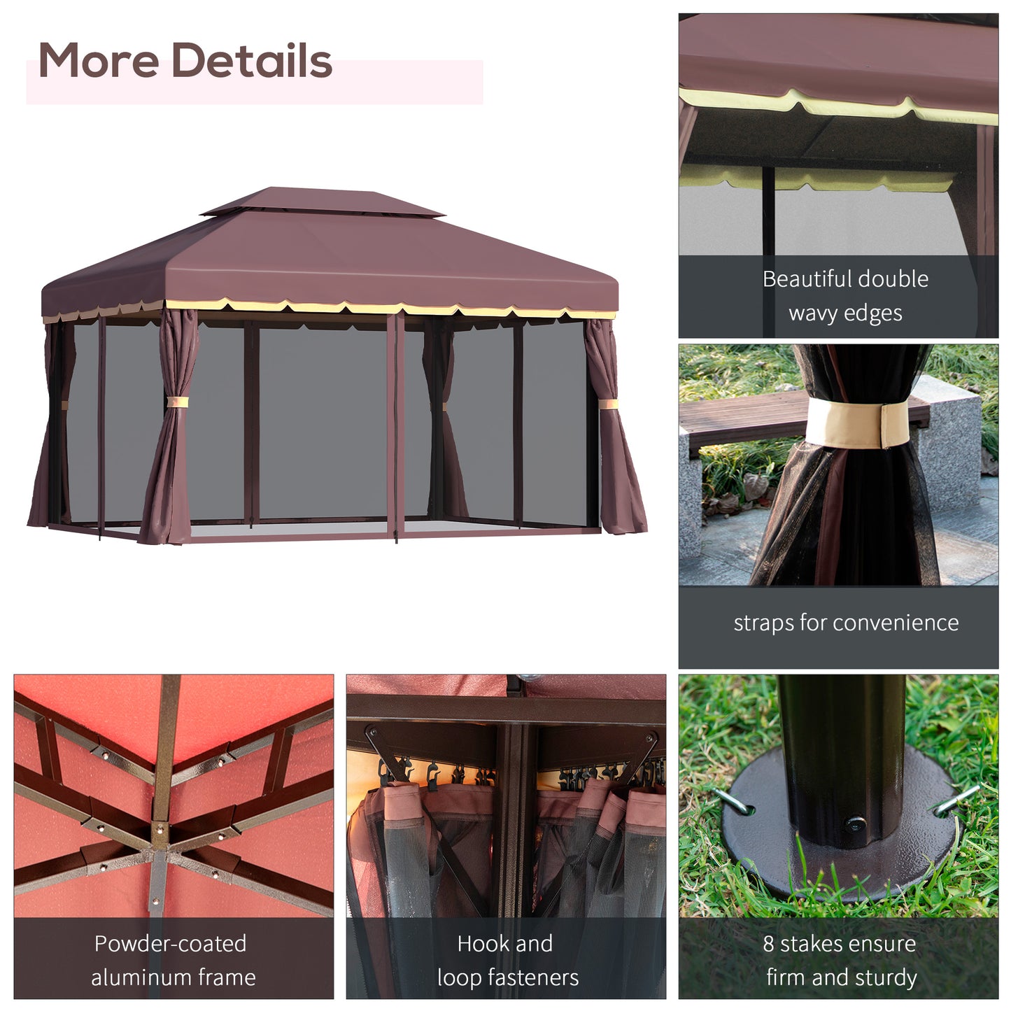 10' x 13' Patio Gazebo, Aluminum Frame Double Roof Outdoor Gazebo Canopy Shelter with Netting & Curtains, Coffee