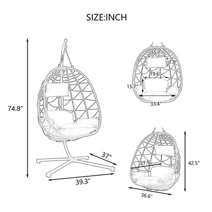Indoor And Outdoor Swing Chair With Stand, Patio Wicker Hanging Egg Chair, Hanging Basket Chair Suitable For Bedroom, Living Room And Balcony