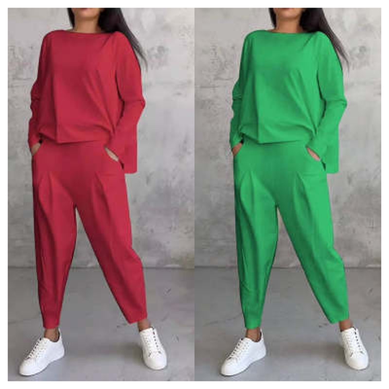 Women's Irregular Suit Long-sleeved Round Neck Top And Loose Harem Pants With Pockets Ins Fashion Trousers Set Women's Clothing